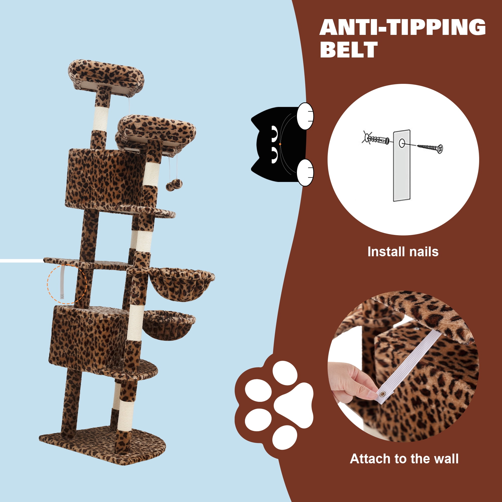 Amolife 73.6" Extra Large Corner Cat Tree, Fan-Shaped Tower with Scratching Posts & Condo House for Indoor Cats, Leopard Print