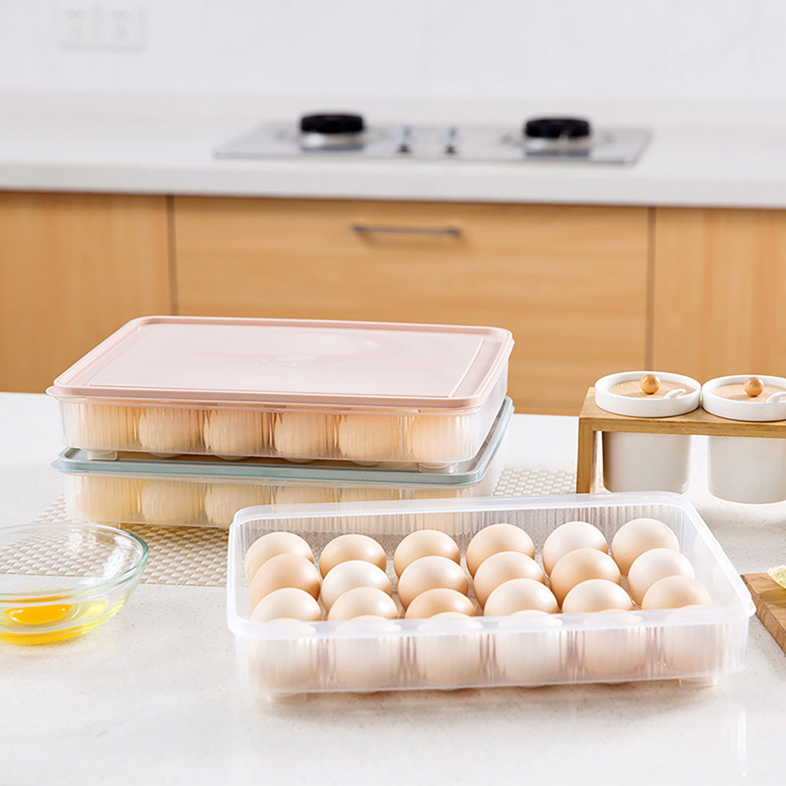 CSSJKYJ 1PC Egg Containers With Lid Portable Storage Egg Holder Stackable Plastic Egg Tray for Kitchen Fridge Keep Fresh 11.81x9.06x2.24 Inch,Beige