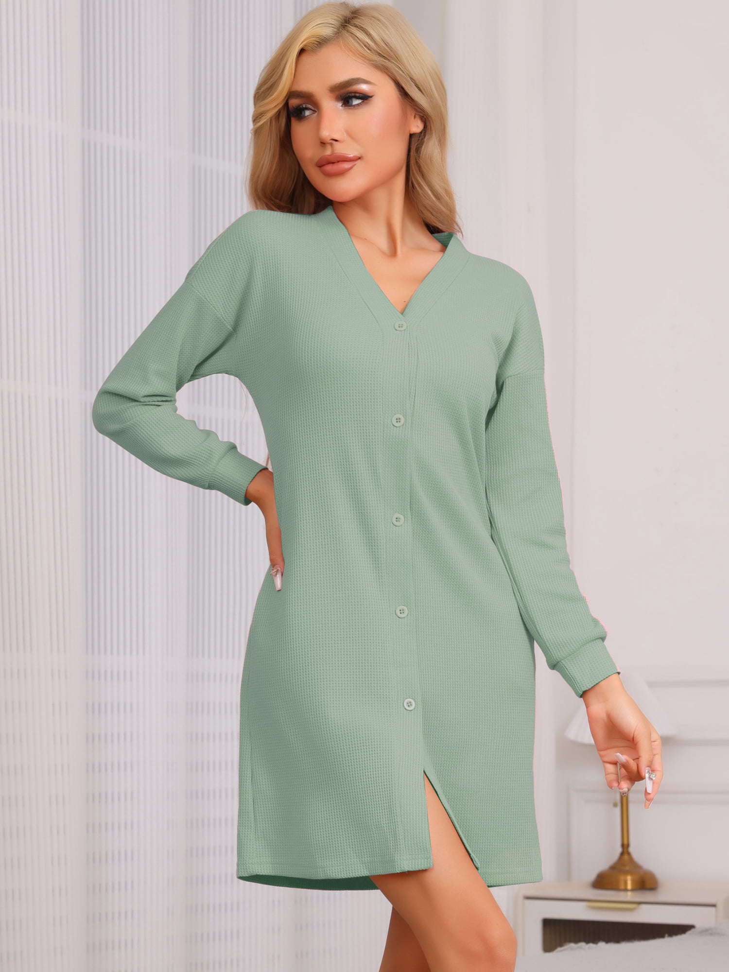 DARING DIVA Women's Waffle Knit Button Down Nightgown with Pockets XS Green