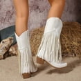thumbnail image 3 of Fringe Cowboy Boots for Women Vintage Leather Chunky Heel Pull on Tassel Knee High Cowgirl Booties, 3 of 6