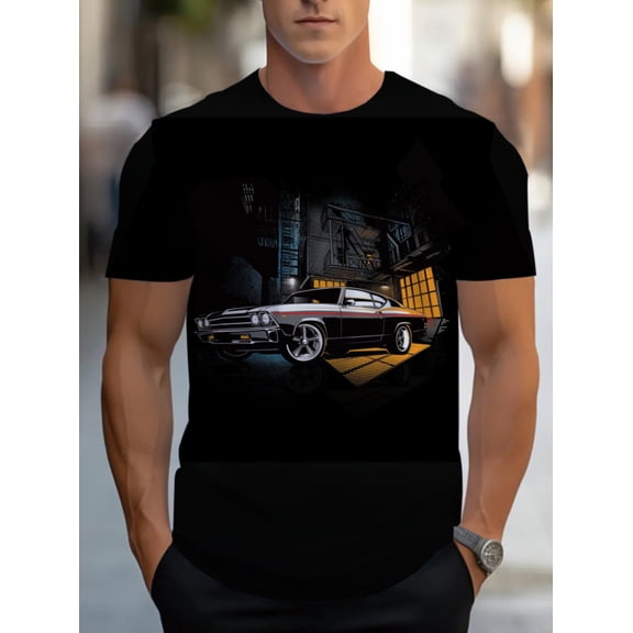Retro Muscle Car Graphic Tee Men's Vintage Automotive Streetwear Black T-Shirt Classic Urban Night Style