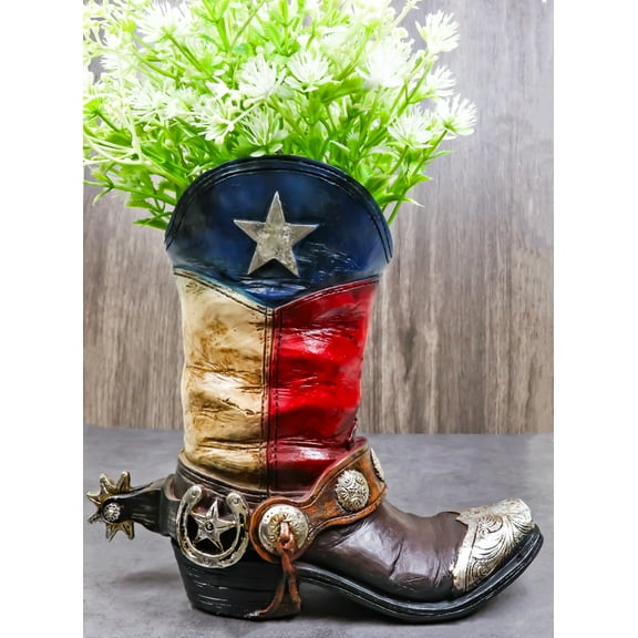Ebros Gift 7.5” Texas Boot with Spur Figurine Multicolor Resin Vase