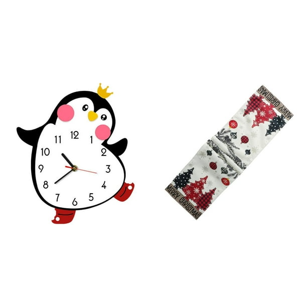 Reloj de pared,Reloj de pared silencioso y decorativo que no hace tictac,Reloj de pared silencioso de pingüino pequeño Reloj de madera,Camino de mesa navideño,Camino de mesa navideño de