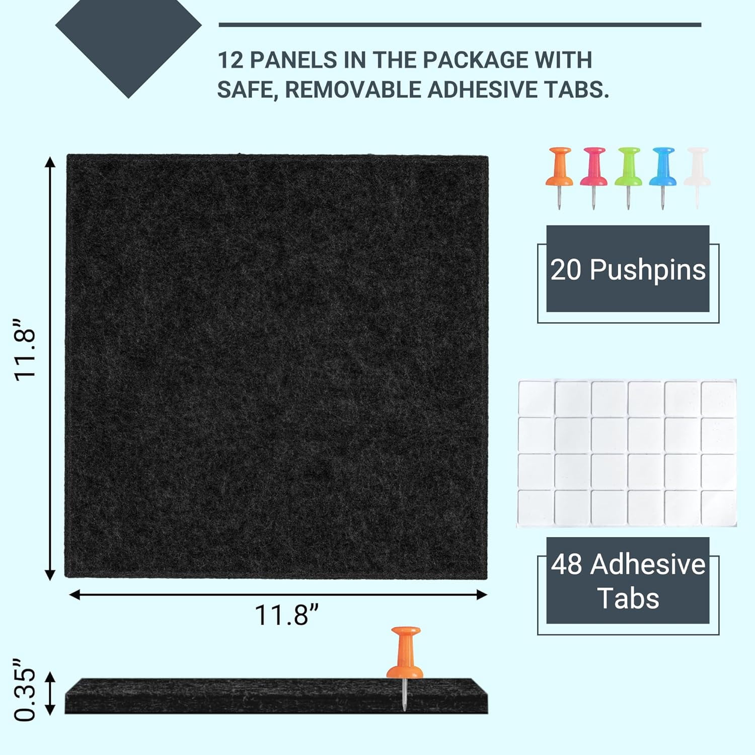 Cork Board for Wall, 48" x 36" Bulletin Board with Pushpins, 12 Panels Felt Tiles Tack Push Pin Board for Office, Black