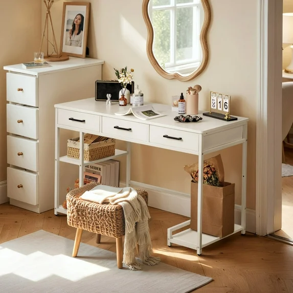Furmax 47” Home Office Computer Desk  Writing Table with 3 Fabric Drawers and Storage Shelves & Hooks for Small Spaces, Home Office , Student Study, White