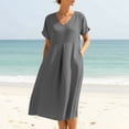 thumbnail image 2 of purcolt Womens Cotton Linen Midi Dress Casual Loose Fit Short Sleeve V Neck Flowy Sundress Summer Beach Dress with Pockets, 2 of 9