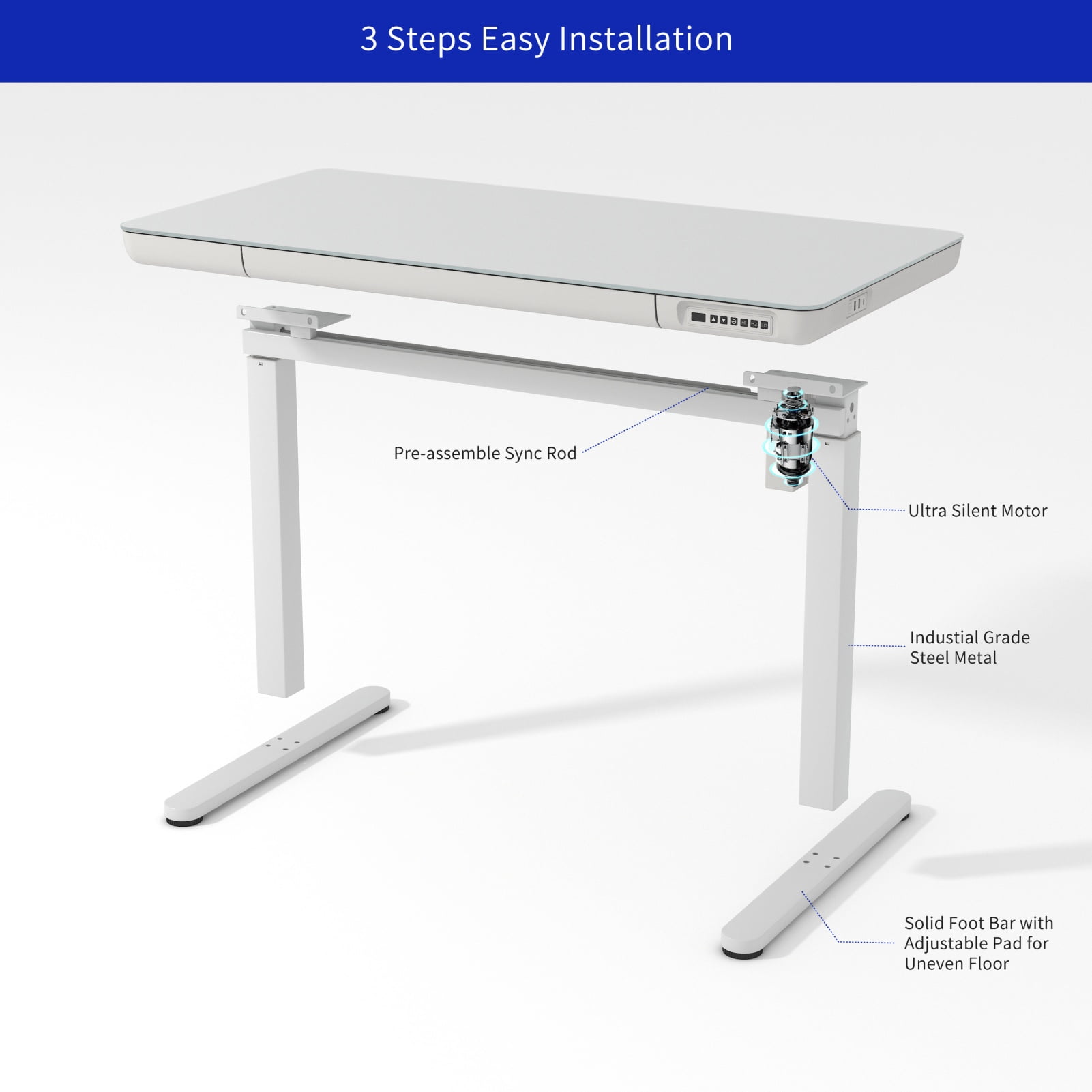 KOWO 48" K3024 Electric Height Adjustable Standing Desk with Tempered Glass Top，1 Pack with Tempered Glass Top, 47.2 in x 23.6 in, White, 2 Pack