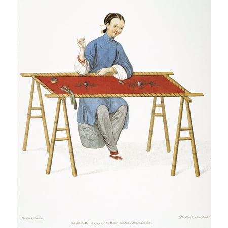 Woman Lithograph - China Embroidering Na Chinese Woman Embroidering English Lithograph 1799 After A Contemporary Pen-And-Wash By Pu-Qua Can
