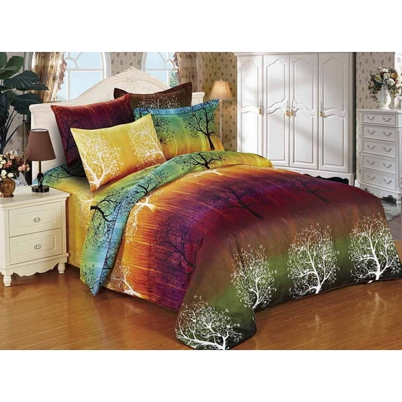 Swanson Beddings Rainbow Tree Duvet Set: Duvet Cover, Duvet Insert (White Comforter), and Two Matching Pillowcases (Queen)