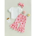 thumbnail image 4 of Wassery Kids Girls Summer Outfits Letter Print Short Sleeve Tops Crew Neck T-shirt with Plaid/ Rainbow Flare Long Pants Headbands  3Pcs Toddler Clothes Set 6M-5T, 4 of 8