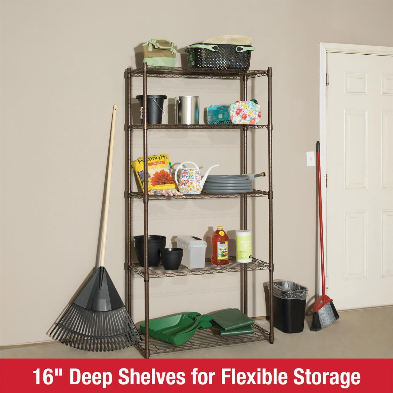 Rubbermaid 5-Tier Heavy Duty Rubbed Bronze Wire Shelving Unit, 1250lb Capacity