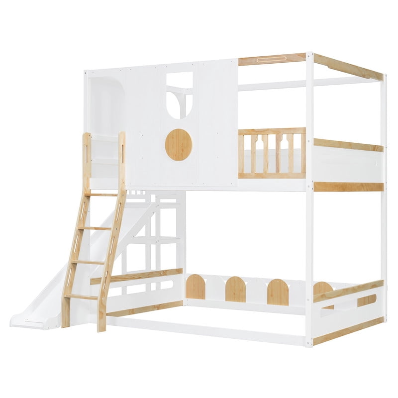 Full Size Versatile Kids Loft/Bunk Bed with Floor Bed, House Bed Frame with Slide, Storage Shelves and Guardrails
