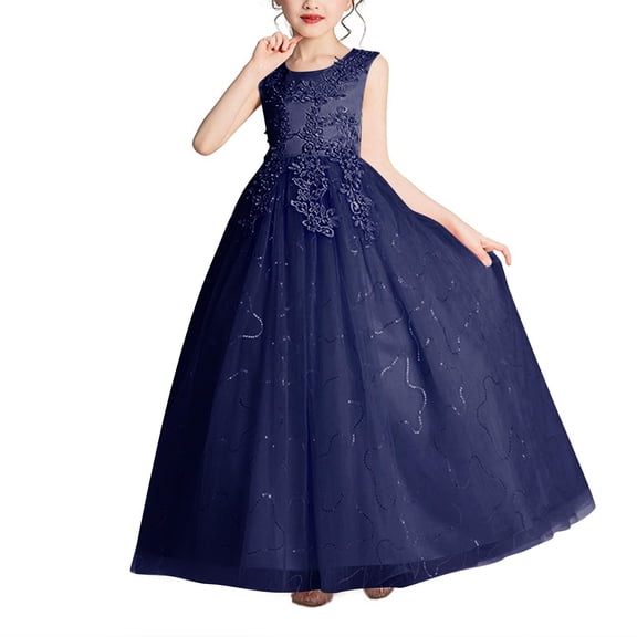 Zpanxa Dresses for Girls, Girls' Summer Short Sleeve Ruffled Lace Round-Neck Embroidery Mesh Princess Bow Skirt Navy 9 Years