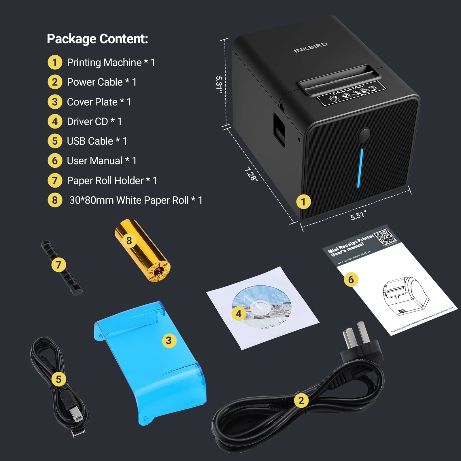 INKBIRD Thermal Receipt Printer, Waterproof IP54 Kitchen POS Printer, Ethernet USB RJ11, 230mm/s Direct Thermal Printing, Wall-Mounted, Ideal for Restaurant Cafe Supermarket