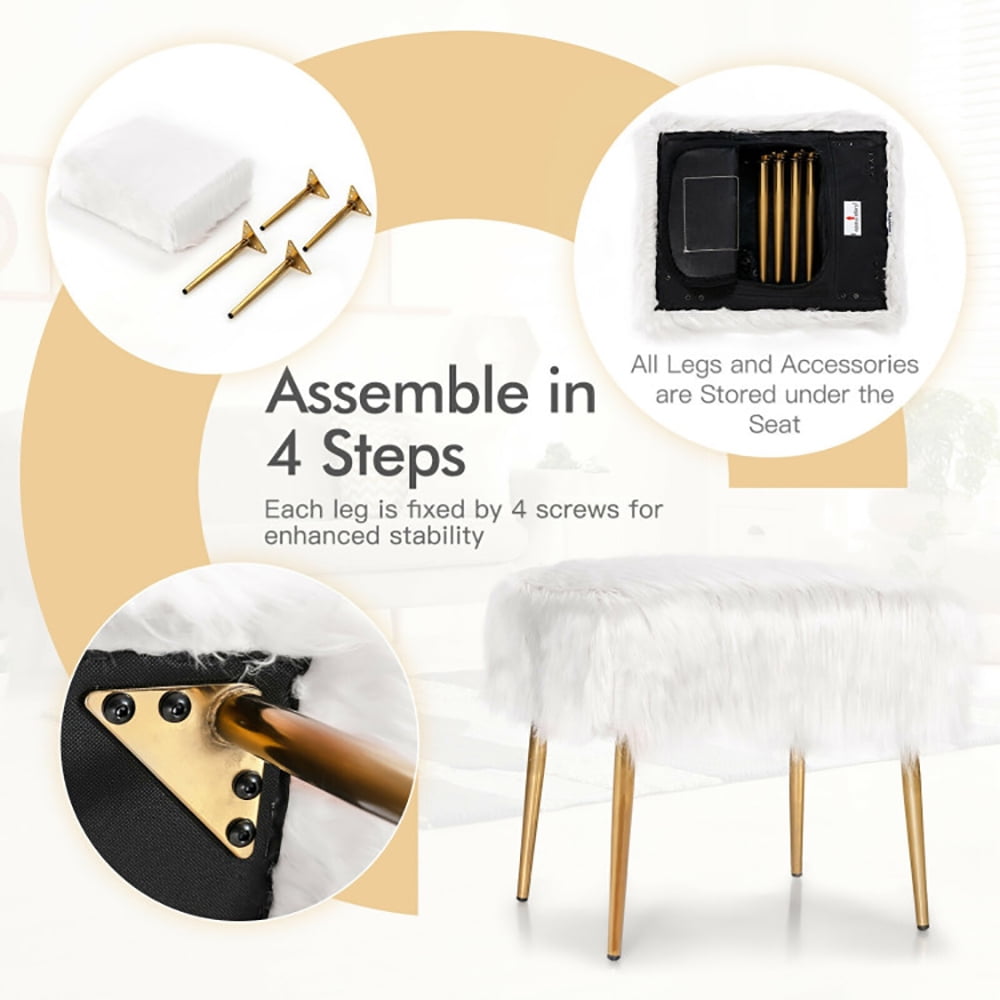 Finihen Faux Fur Vanity Stool Chair, Footstool Ottoman, Vanity Stool with Golden Metal Legs, Makeup Stool, Decorative Furniture Footrest, for Makeup Room, Living Room, Bedroom, White