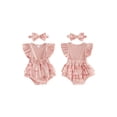 thumbnail image 2 of BemeyourBBs Newborn Baby Girl Summer Clothes Cotton Linen Outfit Infant Bubble Romper Cute Floral Bow Print Fake Two Pieces Flutter Sleeve Bodysuit Jumpsuit Playsuit with Headband, 2 of 9