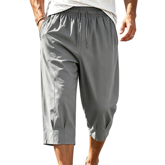 YSUEJPF Capris for Men Drawstring Elastic Waistband Capri Pants Baggy Stretch Basic Solid Active Long Shorts with Pockets