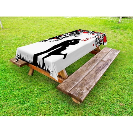 

Kiss Outdoor Tablecloth Silhouette of Lovers near Abstract Tree with Red Hearts Valentine s Day Concept Decorative Washable Fabric Picnic Tablecloth 58 X 104 Inches Red Black White by Ambesonne