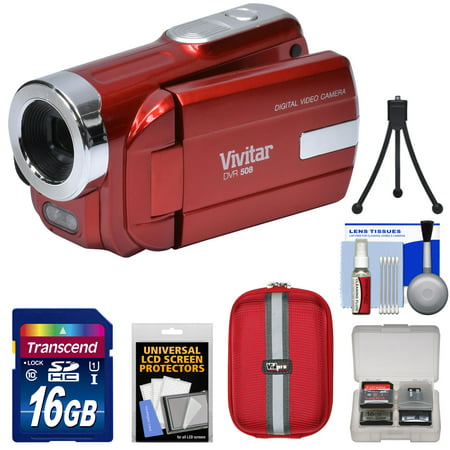 Vivitar DVR-508 HD Digital Video Camera Camcorder (Red) with 16GB Card + Case + Tripod +