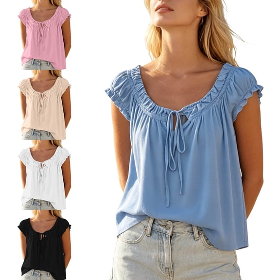SwiftWear Women's Ruffle Drawstring Cute Tank Top Crew Neck Sleeveless Cami Casual Loose Fit Beach & Vacation Top
