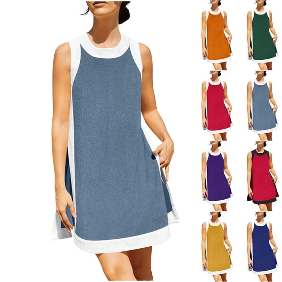2 Piece Set for Women Summer Casual Sleeveless Colorblock Slit Tank Mini Dress with Shorts Beach Vacation Outfits (XL, Gray)