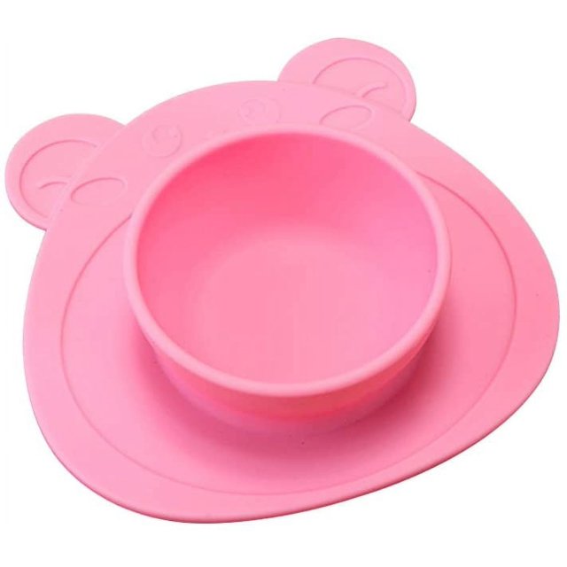 Platos antideslizantes de silicona para bebé, plato con ventosa, manteles individuales con ventosa en forma de oso bonito para niños (rosa)