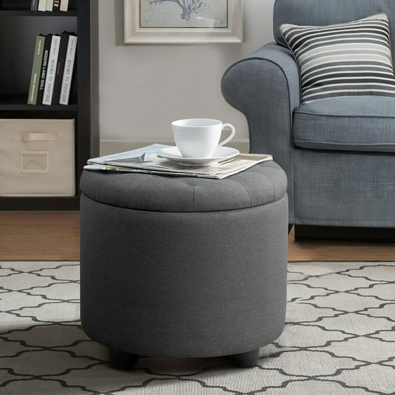 Furniliving Modern Upholstered Round Storage Ottoman Linen Footrest Stool Ottoman Bench DarkGray