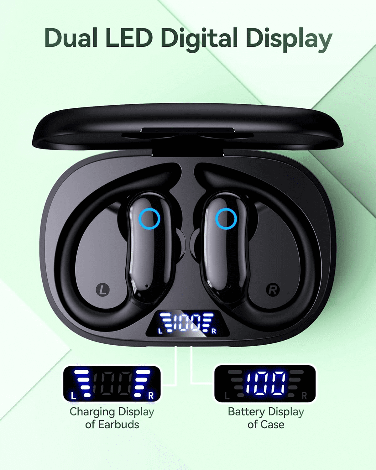 GNMN Active Noise Cancelling Ear Buds Wireless Earbuds 96hrs Playback Bluetooth Headphones Dual Battery Display Stereo Bass Earphones with Earhooks Microphone IPX7 Waterproof for Sports/Workout