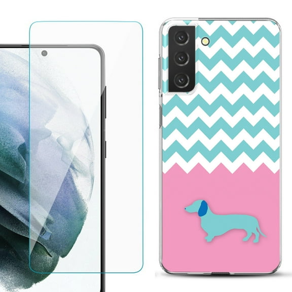 Slim-Fit TPU Fashion Phone Case for Samsung Galaxy S21 FE 5G Fan Edition, with Tempered Glass Screen Protector, by OneToughShield ® - Chevron/Dachshund/Puppy