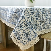 Retro Blue and White Porcelain Tablecloth with Lace Cotton Linen Table Cover for Dinning Home Decor Blue and white porcelain 140*180