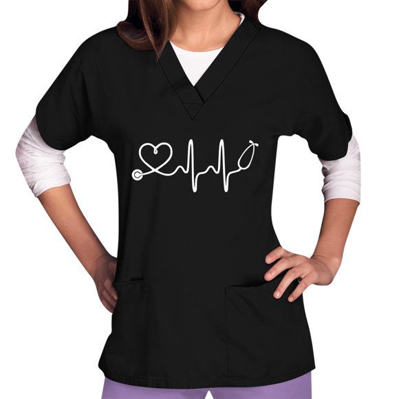 V-Neck Scrubs Tops for Women Soft Stretch Wrinkle-Resist Medical Nursing Uniform with 2 Pockets Comfortable Lightweight Working Uniform Short Sleeve Printed Protector Shirt White