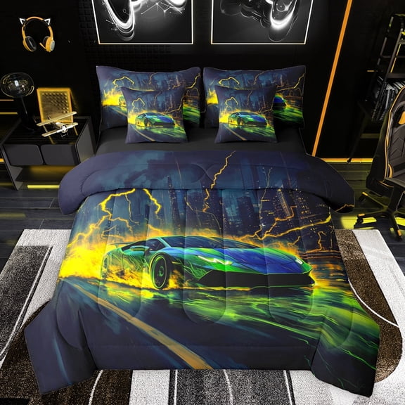 Feelyou Futuristic Sports Car Twin Bedding Sets 7-Piece, Neon Glowing Lightning Bedding Comforter Set, Teens Kids Boys Girls Reversible Sheet Sets, Ultra Soft Bedroom Decor