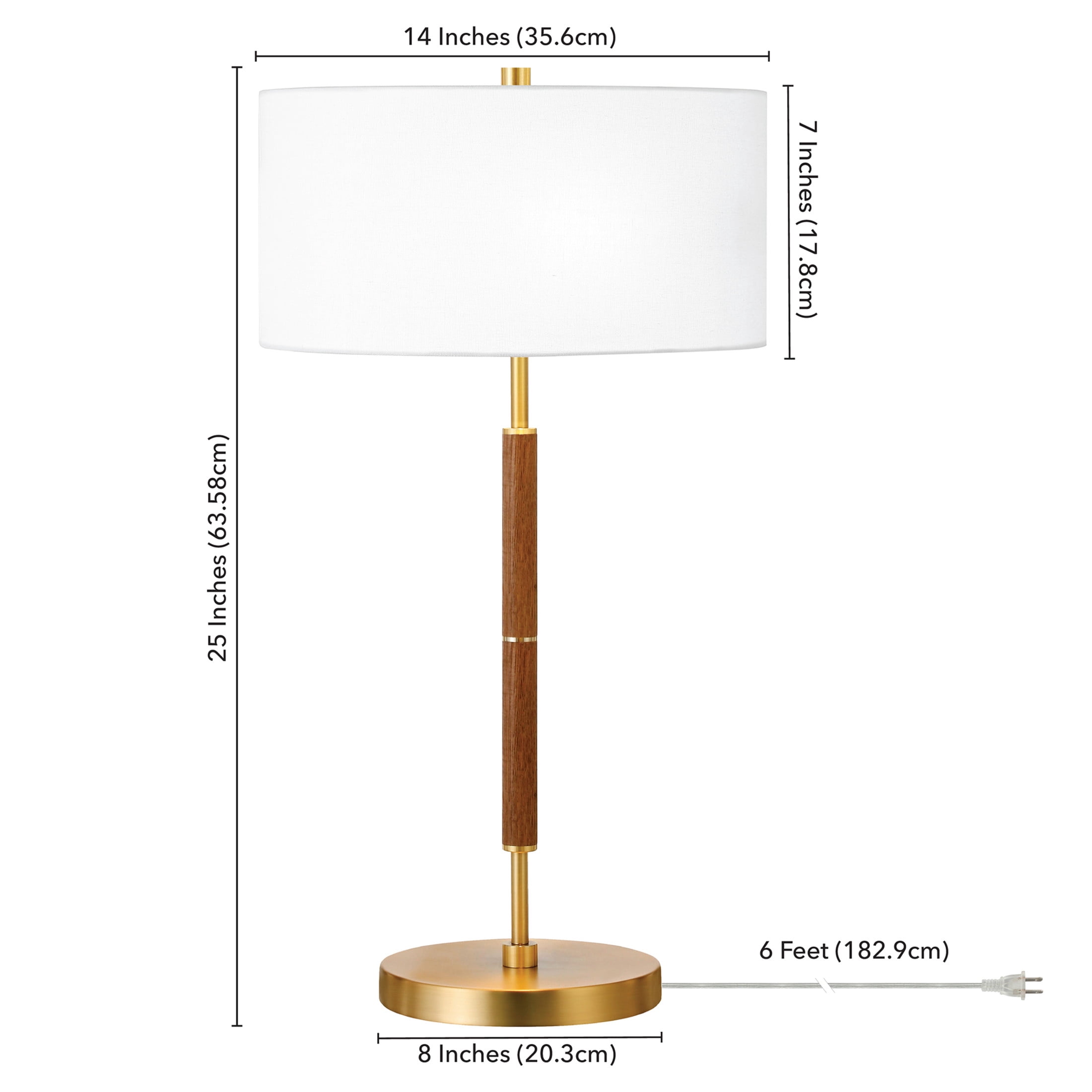 Evelyn&Zoe Simone 25" Tall 2-Light Table Lamp with Fabric Shade, Rustic Oak/Brass/White