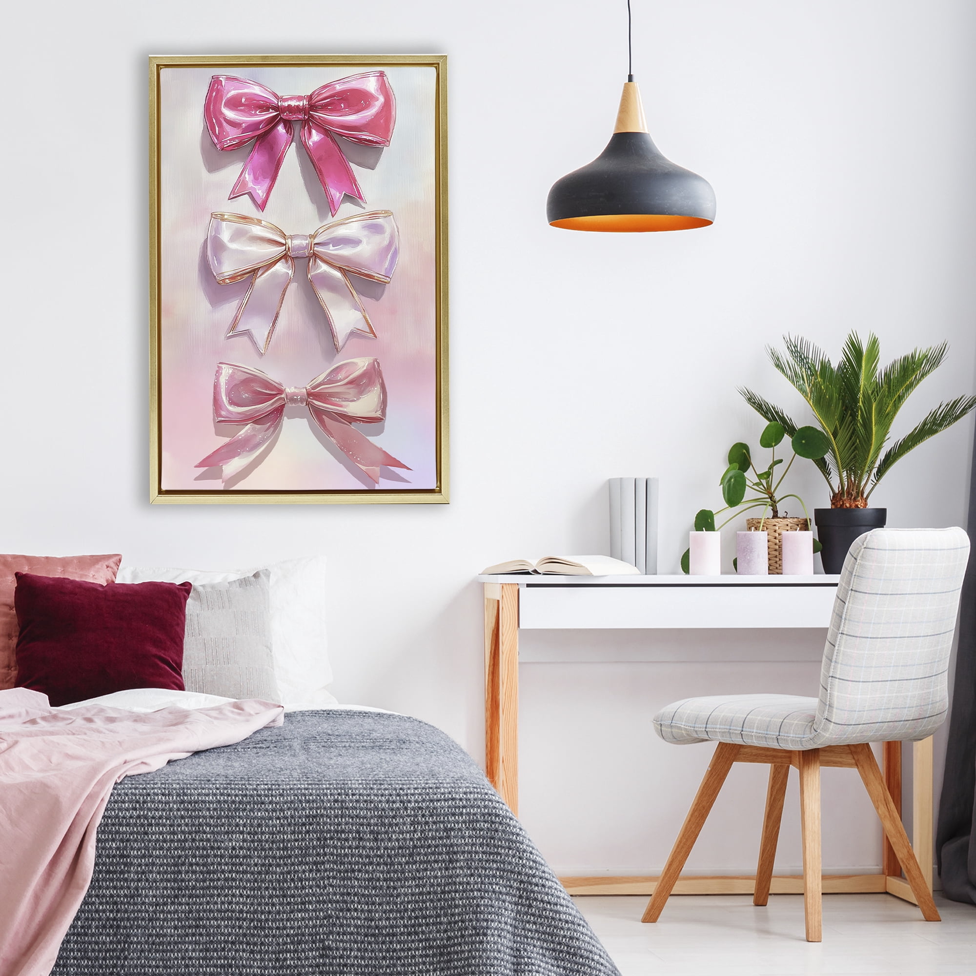 Stupell Industries Blush And Satin Bows Gold Framed Floater Canvas Wall Art, design by Annabelle Hall
