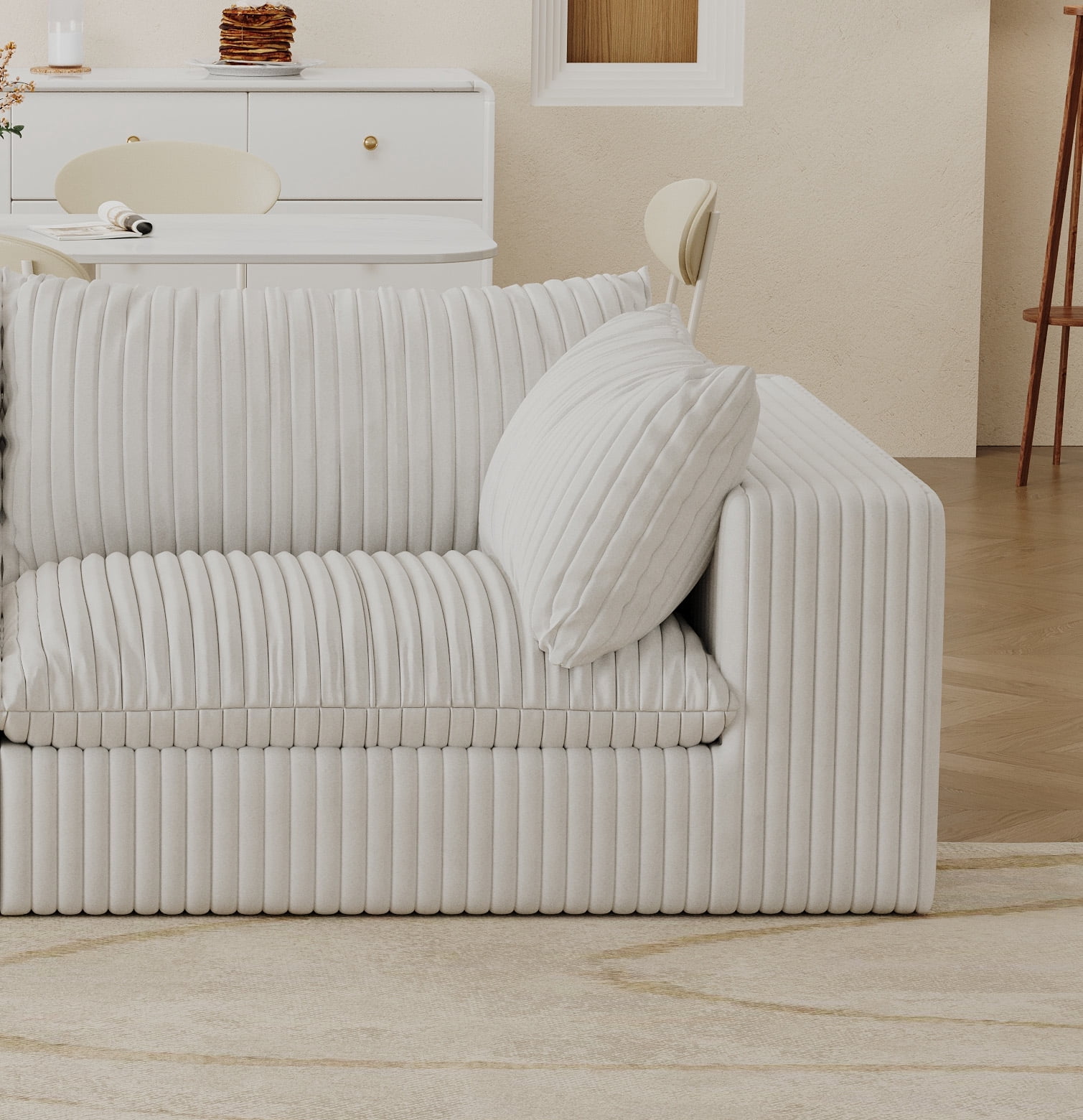 MAYEERTY Cloud Sofa White Corduroy Deep Seat Double-Layer Removable Cushion No Assembly Multi-Rooms