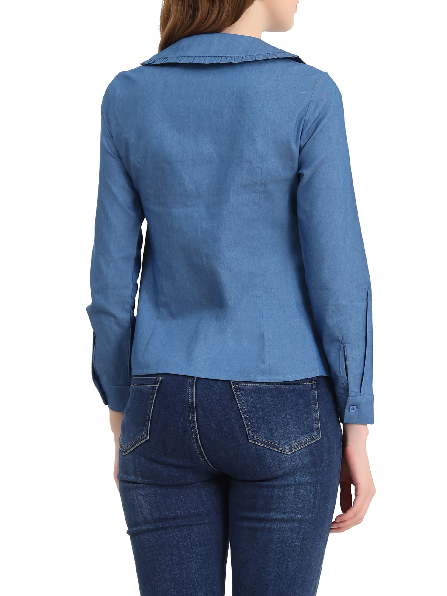 Unique Bargains Women's Peter Pan Collar Jean Ruffled Button Down Denim Shirt