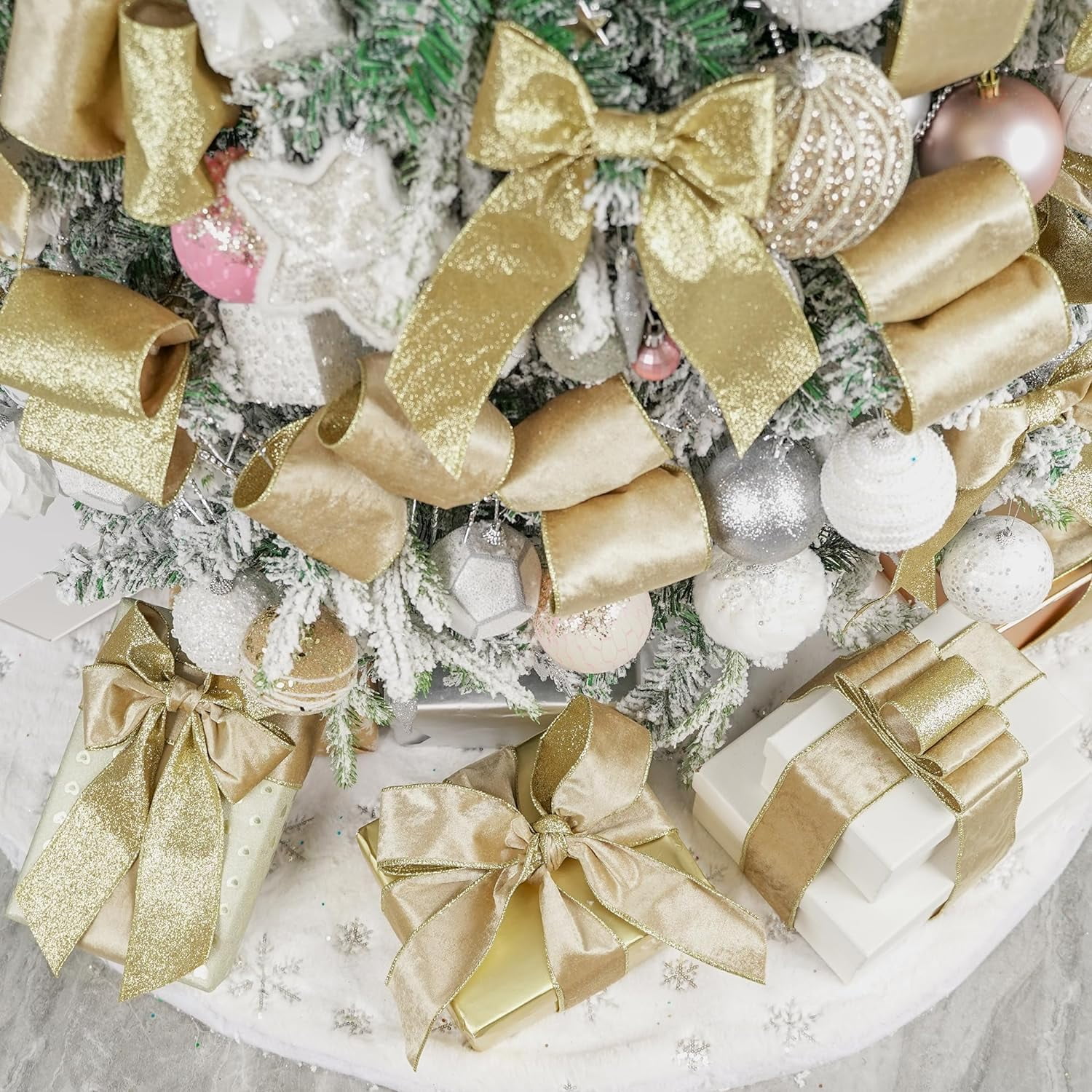 Champagne Velvet Wired Ribbon 4 inch Christmas Ribbon Double-Sided Glitter Gold Ribbons for Trees, Wreaths, Tree Top Bows, Garlands, Staircases, Crafts-10 Yards