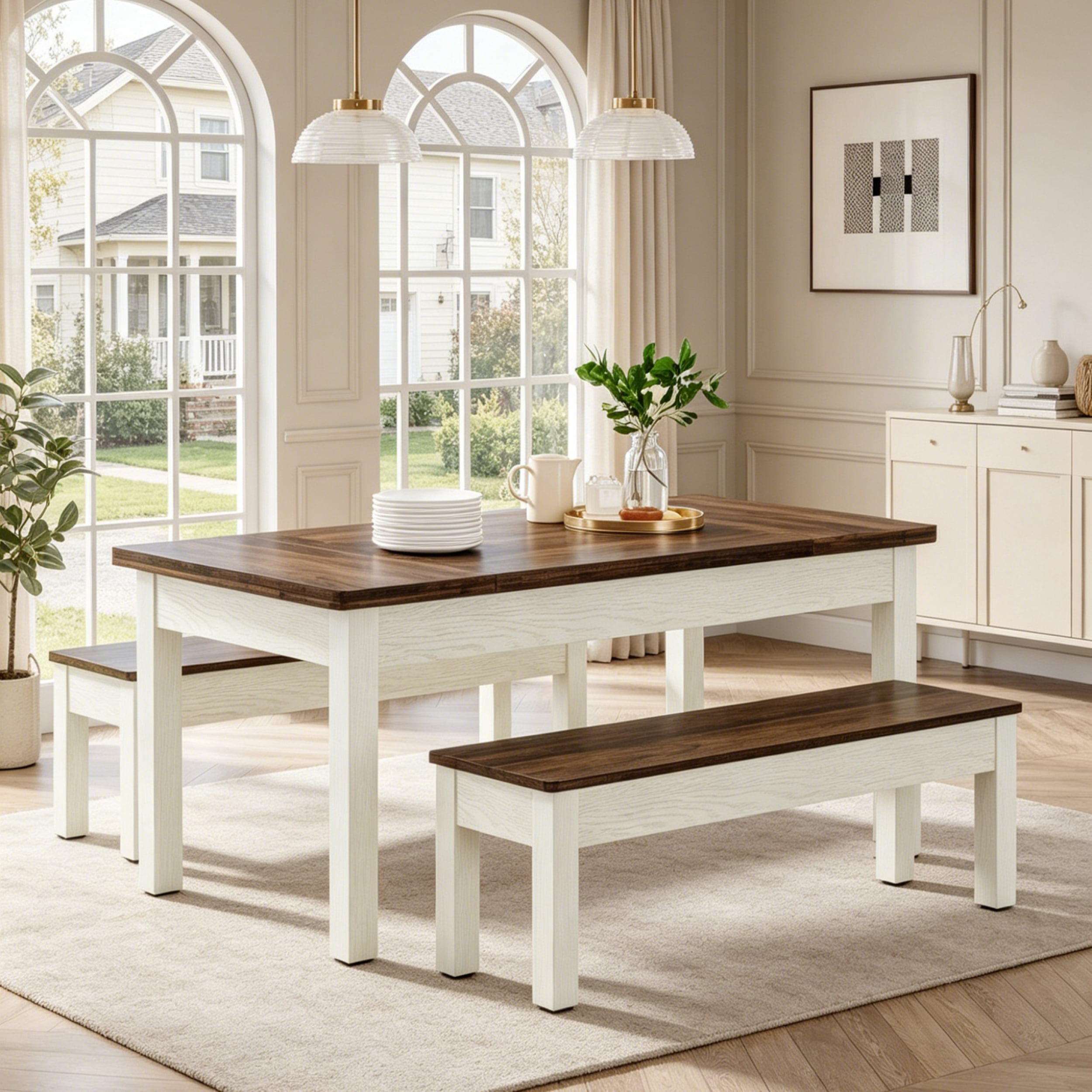 Fnova 3 Pieces Dining Table Set for 4-6 with 2 Benches, 55" Farmhouse Wood Kitchen Table and Space Saving Tuck Under Benches for Kitchen Dining Room