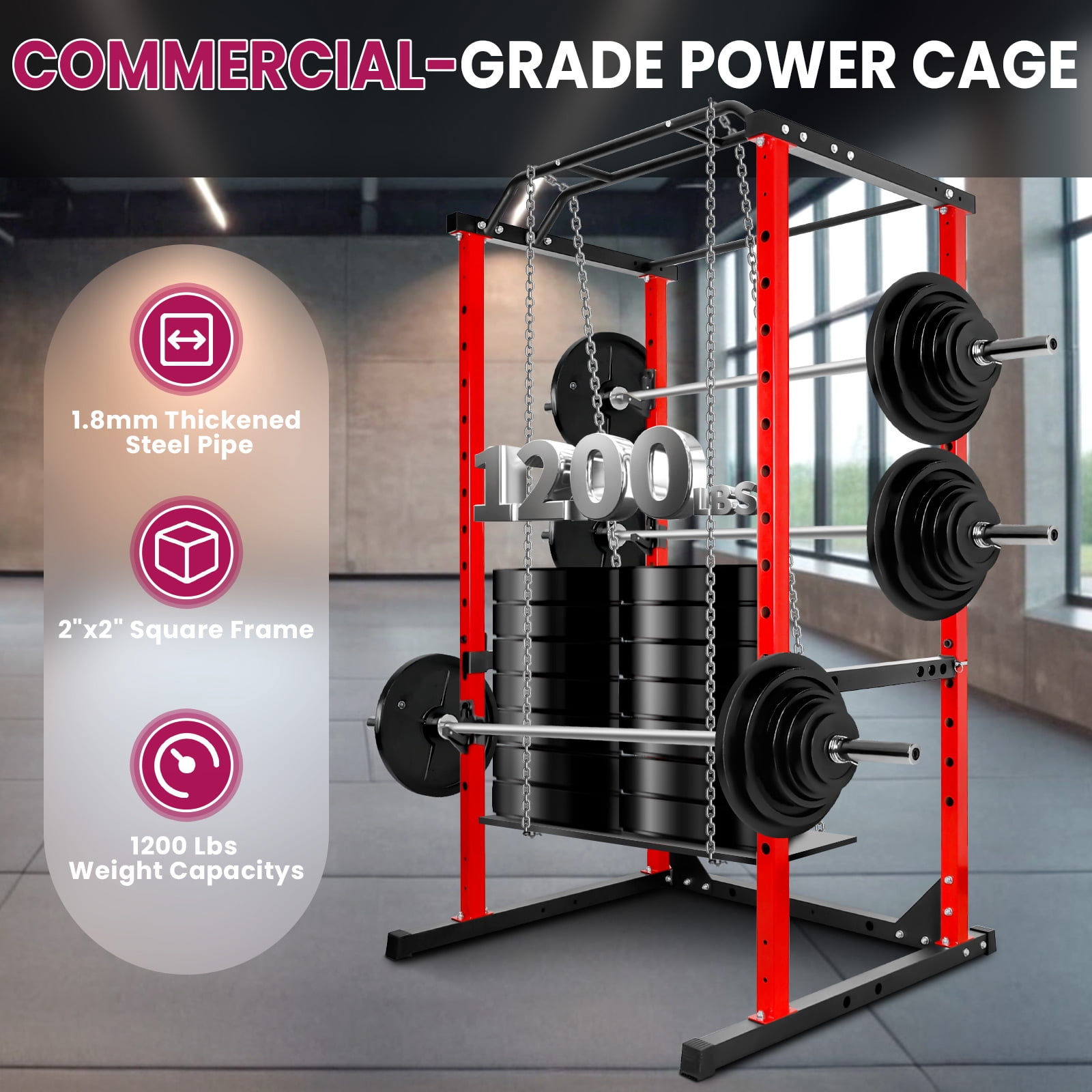 Commercial-grade Power Cage Squat Rack with Pull Up Bar, 1200 lbs Thickened Steel Weight Lifting Training Rack for Home Gym Strength Training