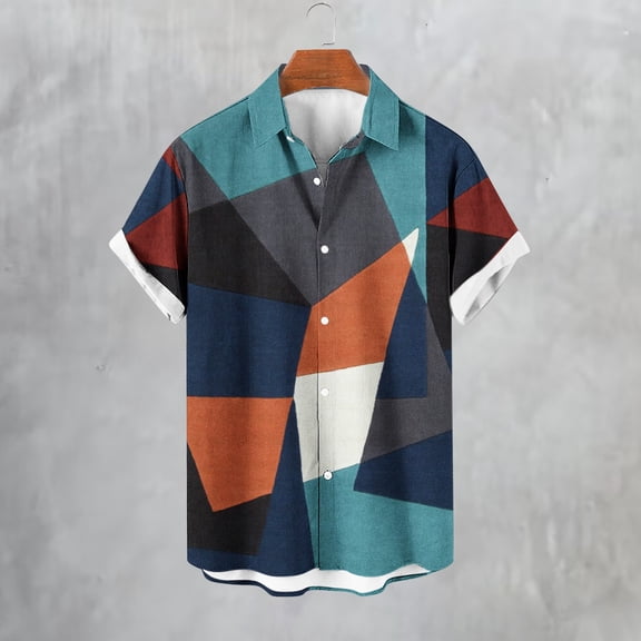 Afuyipoi Men's Geometric Print Shirt,Loose Fit Breathable Spring Short Sleeve Casual Tee Shirt Navy S