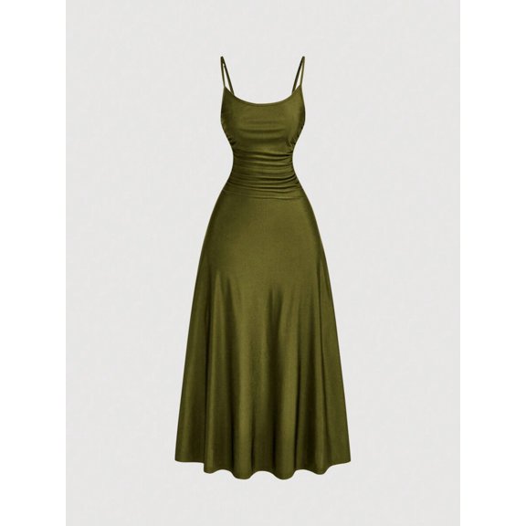 Army Green Waist Ruched Swing Slip Dress For Women, Tea-Length A-Line Summer Dress