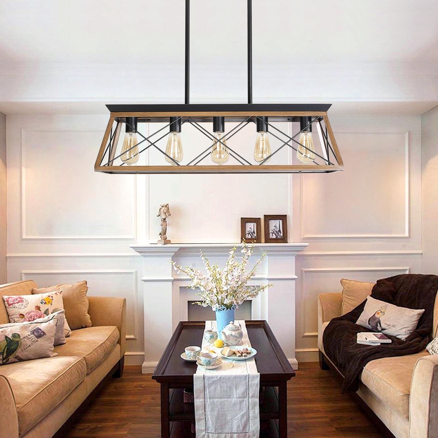 5-Light Farmhouse Chandeliers for Dining Room, Rustic Kitchen Island Light Fixture, Linear Pendant Light with Walnut Finish Rectangular Chandelier, Metal Solid Ceiling Lights