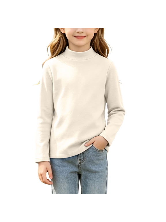 Girls Mock Neck Long Sleeve T-Shirts, Solid Color Long Sleeve Stretchy Classic Fit Warm Basic Tops Tee for Layering White Size 6-7