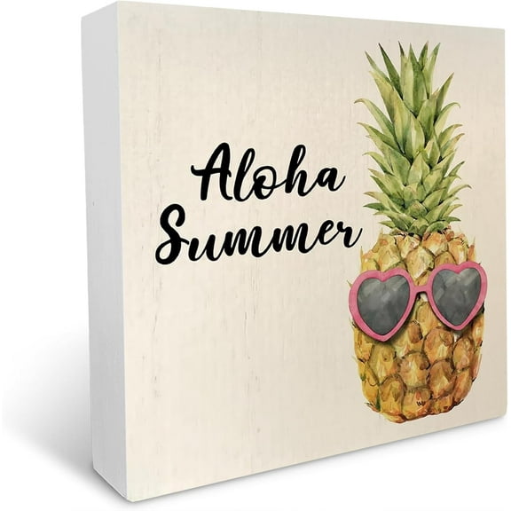 Cskhip Aloha Summer Decor Pineapple Gifts Beach Decor Wooden Box Sign for Table Top Bathroom Shelf Entryway Centerpieces Sitter Desk Farm Counter Kitchen Hawaiian Party Wood Decores 5" x 5"