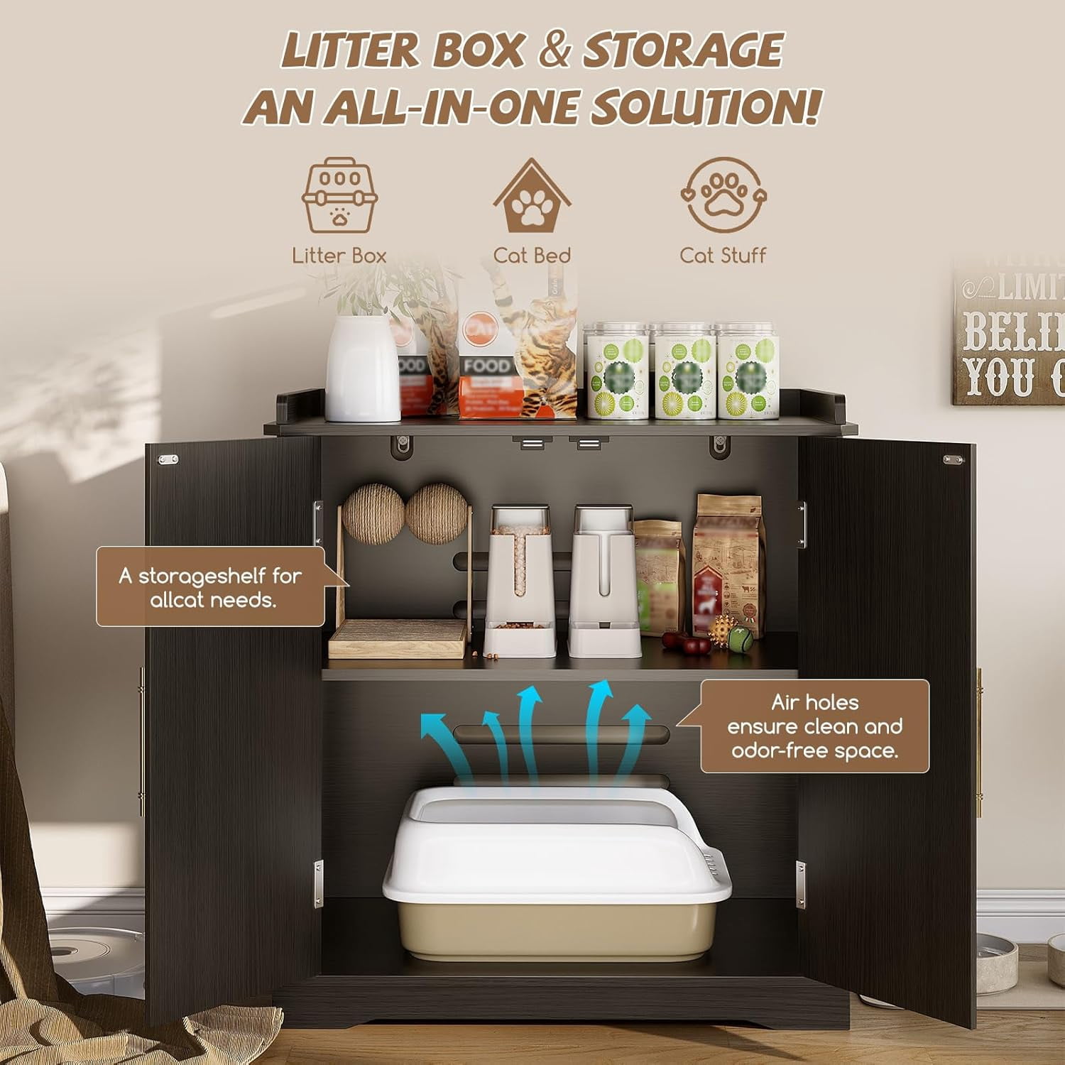 VEANERWOOD 33.5"H Hidden Cat Litter Box Enclosure Furniture Multi-Functional Cat Litter Box Washroom with Removable Dividers for Bedrooms, Living Room, Hallway
