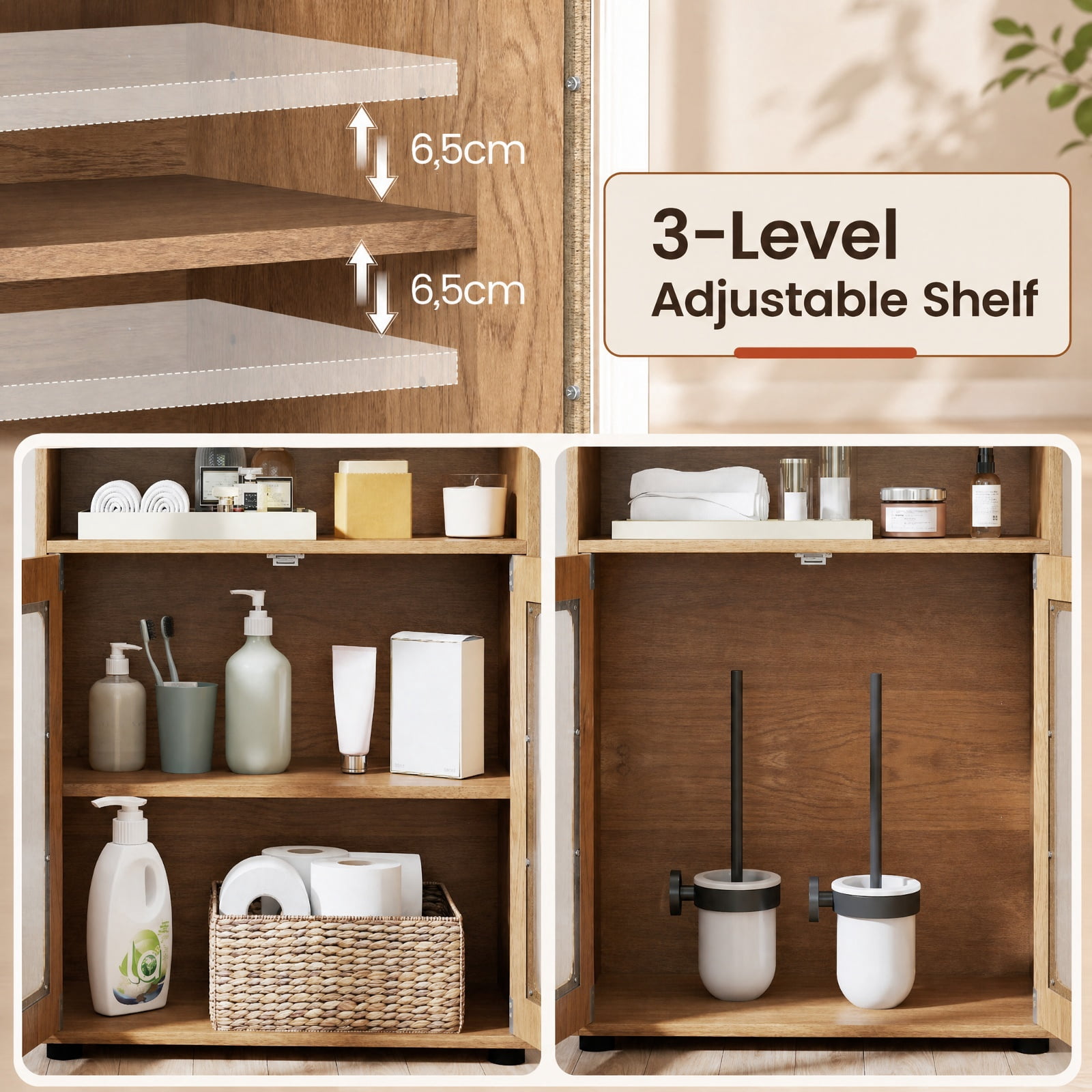 Vebreda Freestanding Bathroom Storage Cabinet, Bathroom Cabinet Freestanding Cabinet with 2 Doors and 3-Level Adjustable Shelf