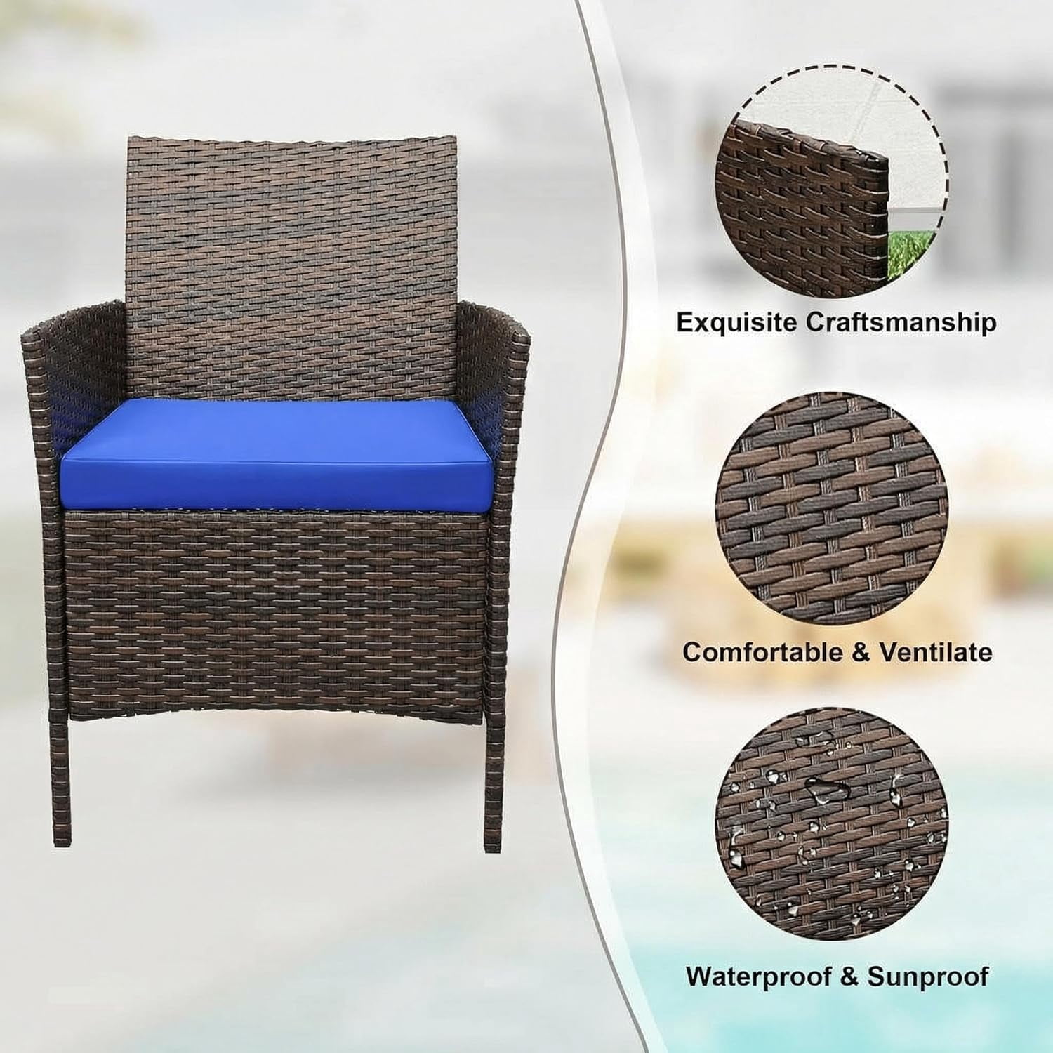 IdealHouse 3 Piece Patio Furniture Set, Rattan Outdoor Furniture with 2 Chairs & Coffee Table, Modern Outdoor Seating Conversation Bistro Set for Garden Backyard Porch (Brown and Blue)