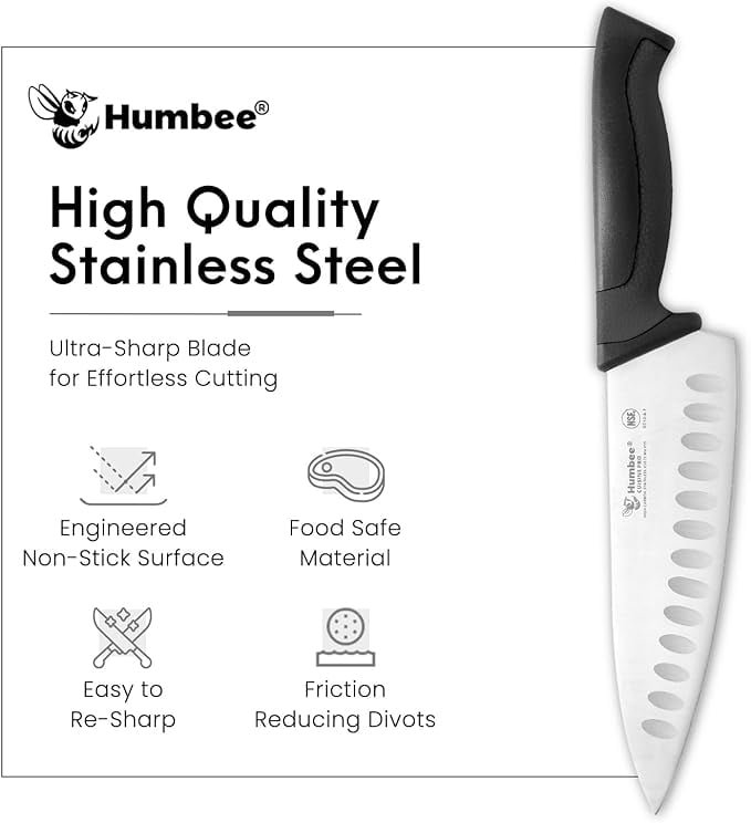 Humbee 8-Inch Chef Knife Razor-Sharp Blade Kitchen Knife with Comfortable Grip Handle, Black DT-12 Series