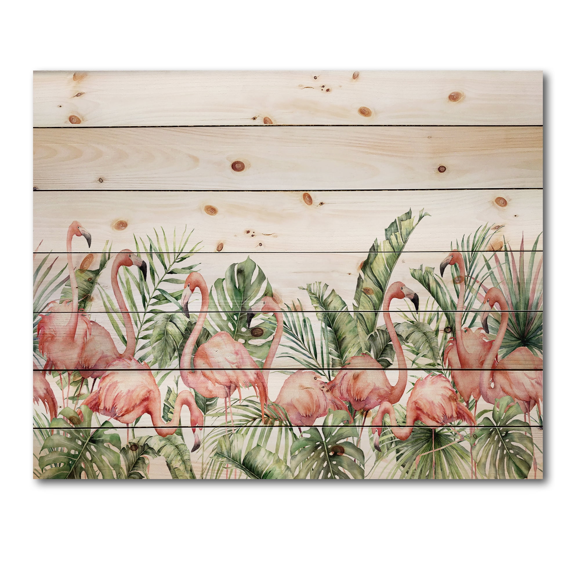 Designart 'Palm Leaves and Pink Flamingos Tropical Birds' Traditional Print on Natural Pine Wood