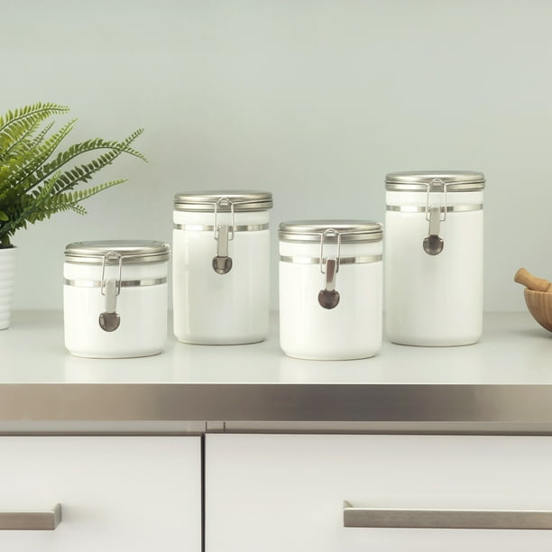 HB 4 Piece Ceramic Canister Set with Stainless Steel Tops, White